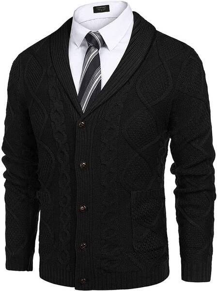 Shawl Collar Button Down Knitted Sweater with Pockets (US Only), Black / XXL