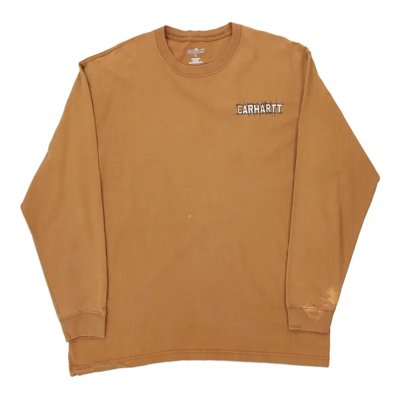 Carhartt Spellout Long Sleeve T-Shirt - Large Beige Cotton