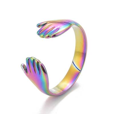 Ion Plating(IP) Rainbow Color 304 Stainless Steel Double Hand Hug Open Cuff Ring for Women