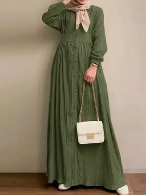 Women's Solid Color Bishop Sleeve Button Front Long Dress, Modest Casual Long Sleeve Round Neck A Line Dress for Daily Wear, ...