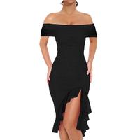 BORIFLORS Women's Sexy Off Shoulder Bodycon Midi Dresses Elegant Ruched Ruffle Hem Cocktail Party Dress Basic Comfort Womensw...