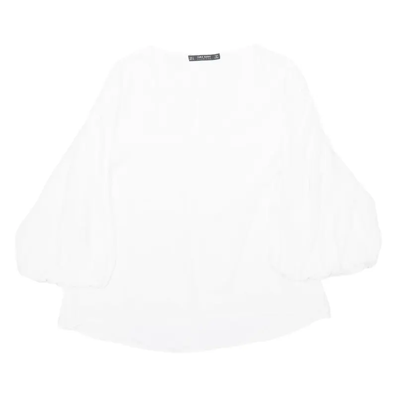 ZARA Womens Blouse White V-Neck Puff Sleeve Viscose M