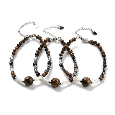 Natural Tiger Eye Round & Synthetic Non-magnetic Hematite & White Shell Beaded Bracelets for Women