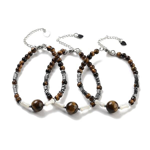 Natural Tiger Eye Round & Synthetic Non-magnetic Hematite & White Shell Beaded Bracelets for Women