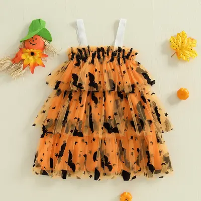Little Girl Halloween Tulle Dress Bat Star Moon A-line Layered Ruffle Princess Dress Cute Holiday Clothes