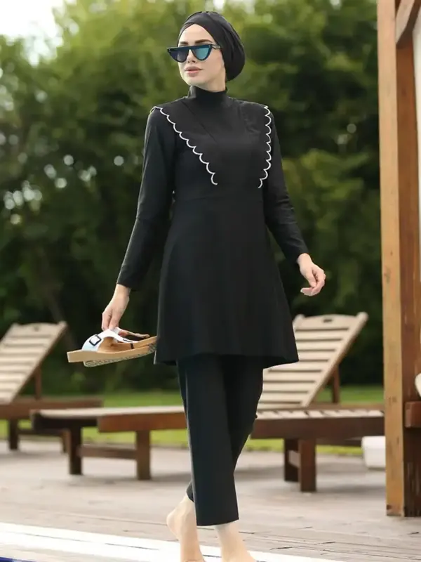 Women's Solid Long Sleeve Swim Dress & Pants & Hijab  Islamic Swimwear Set, Modest Swimwear Set for Beach Swimming, Ladies Is...