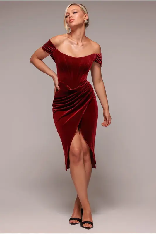 Goddiva Draped Shoulder Velvet Corset Midi Dress - Wine