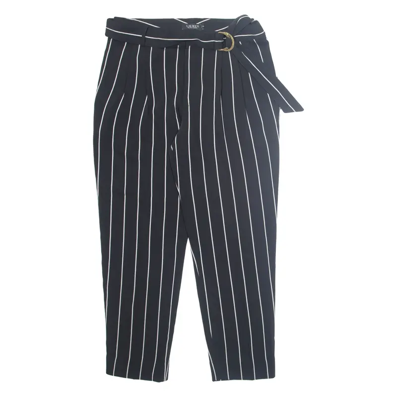 RALPH LAUREN Workwear Belted Striped Womens Trousers Black Straight W32 L27
