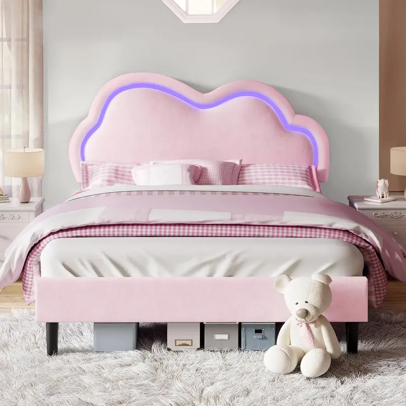 [Restock Sale]VanAcc Bed Frame with Adjustable Cloud Headboard and Customizable LED Light, Velvet Upholstered Bed, Unique Bed...