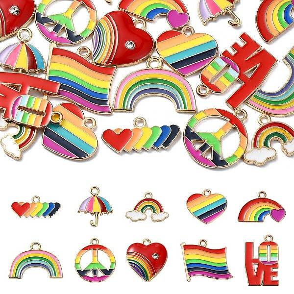 20Pcs 10 Styles Rainbow Color Alloy Enamel Pendants
