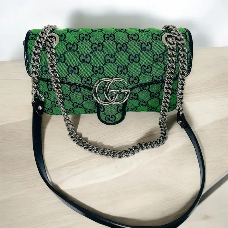 Pre-owned GUCCI italy Crossbody Bags bag GG marmont small matelasse canvas green sholder and crossbody bag