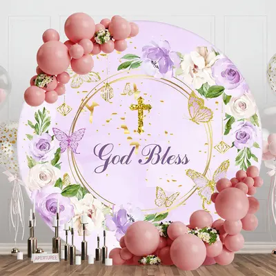 God Bless Purple Floral Cross Round Baptism Backdrop - Aperturee