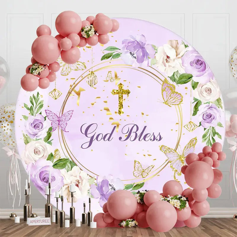 God Bless Purple Floral Cross Round Baptism Backdrop - Aperturee
