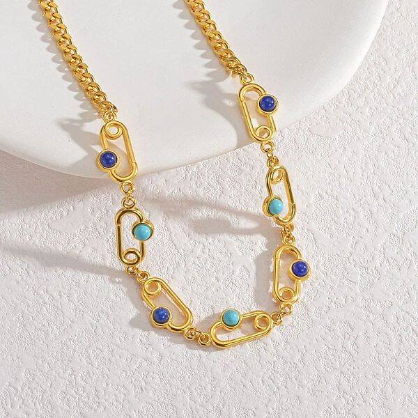 Bohemian 304 Stainless Steel & Dyed Colorful Synthetic Turquois Link Chain Necklaces for Women