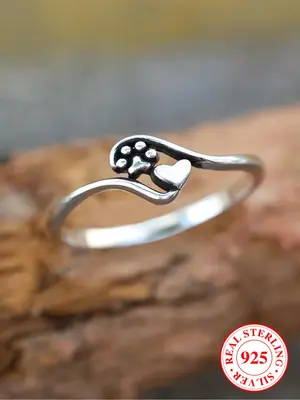 925 Sterling Silver Cute Cat Paw & Heart Design Ring, Fashion Jewelry for Party, Daily Clothing Decor, Trendy All-match & Exq...