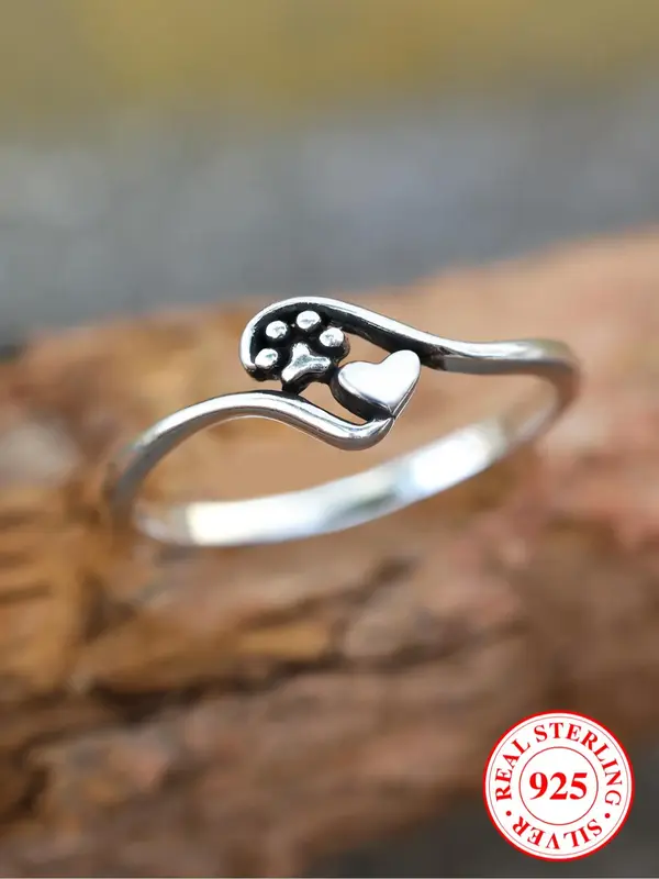 925 Sterling Silver Cute Cat Paw & Heart Design Ring, Fashion Jewelry for Party, Daily Clothing Decor, Trendy All-match & Exq...
