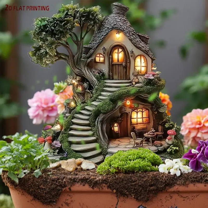Fairy Tree House & Flowers Design Garden Decoration, 2D Acrylic Yard Art Garden Accessories, Enchanted Garden Decor for Anniv...