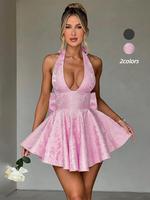 Women's Floral Jacquard Bow Decor Sexy Dress, Elegant Fashion Casual Backless Short Dress for Party Club Dating Wear, Summer ...
