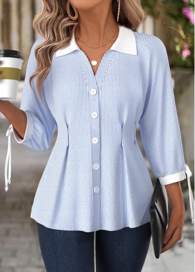 Modlily Light Blue Striped 3/4 Sleeve Turn Down Collar Blouse - XL