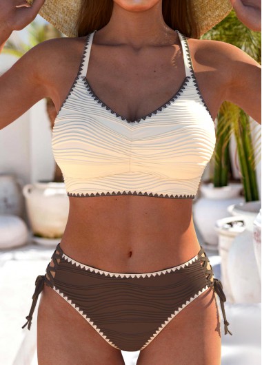 Modlily Ruched Light Camel V-Neck Bikini Set - S