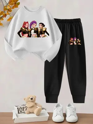 Girls' Spring & Fall Casual Long Sleeve T-Shirt Set, Creative First Grade Pattern Print, Comfortable Leisure Pants, Back-To-S...