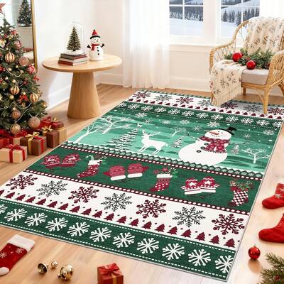 Garvee Washable Rug 5x7 Christmas Rug Non Slip for Living Room, Santa & Snowflake Printed Mat, Non Shedding Low Pile Floor Co...