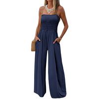 AUXDIO Womens Casual Strapless Summer Jumpsuits Loose Off Shoulder Smocked Sleeveless Wide Leg Romper with Pockets Piece Fit