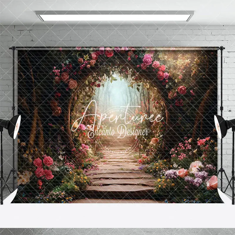 Aperturee Forest Romantic Floral Arch Path Photo Backdrop, 3X2FT(1MX0.6M), 14 USD, wedding backdrops, ENHD2J25-M