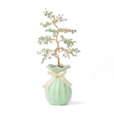 Natural Green Aventurine Chips with Brass Wrapped Wire Money Tree on Ceramic Vase Display Decorations