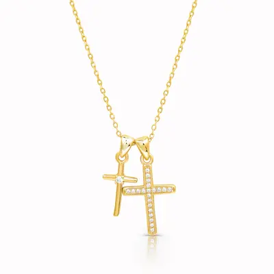 Sterling Silver with Yellow Gold Plated Cubic Zirconia Cross Pendant Necklace