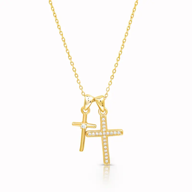 Sterling Silver with Yellow Gold Plated Cubic Zirconia Cross Pendant Necklace