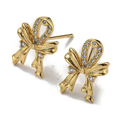 Rack Plating Brass Bowknot Stud Earrings with Cubic Zirconia
