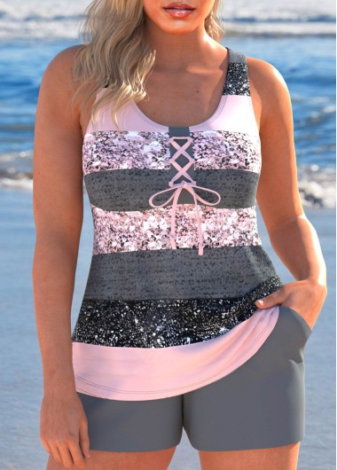 Modlily Lace Up Multi Stripe Print Grey Tankini Set - M