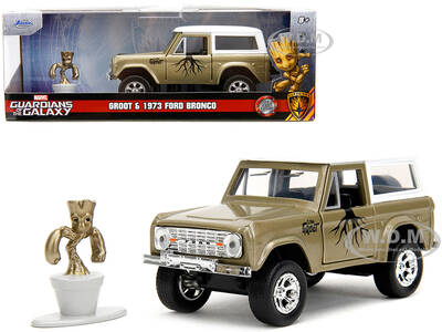 1973 Ford Bronco Gold Metallic with White Top and Groot Diecast Figure Guardians of the Galaxy Marvel Series 1/32 Diecast Mod...