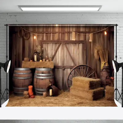 Retro Rustic Stacked Hay Barrel Wood Barn Backdrop - Aperturee