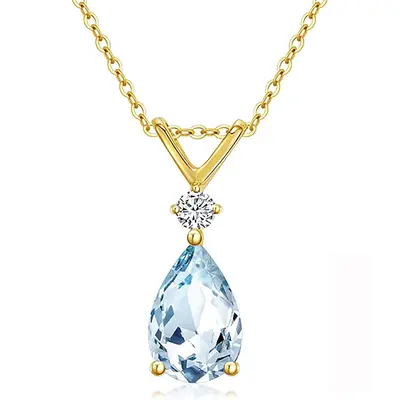 14K Gold Aquamarine Drop Shape Pendant Necklace Gemstone Necklaces