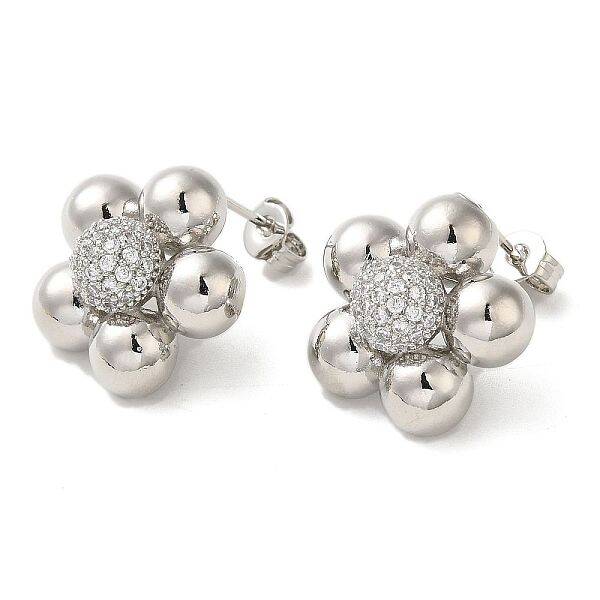 Flower Rack Plating Brass Micro Pave Cubic Zirconia Stud Earrings for Women