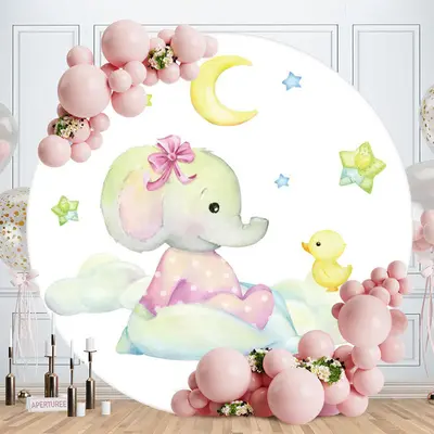 Aperturee Pink Elephant And Moon Round Baby Shower Backdrop