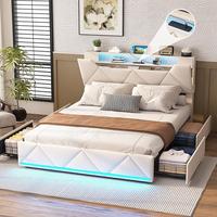 Vabches Bed Frame with Storage Headboard and 4 Drawers,Upholstered Platform with Charging Station and Led Lights,Adjustable H...