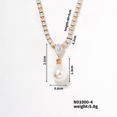Elegant Pearl Pendant with Shiny Diamond Chain Necklace Jewelry for Women