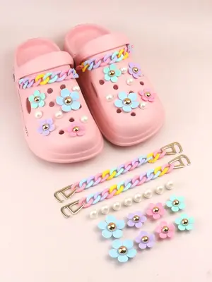 18pcs Novelty Multicolor Chain & Flowers & Faux Pearls Design Shoes Decorations, Fashionable Unique Shoes Accessories Gifts F...