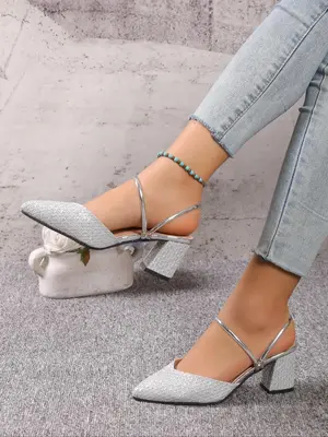 Women's Elegant Solid Glitter High Heel Slip-on Shoes Gift, Fashionable Pointed Toe High Heel Shoes for Party, Two Strap Summ...