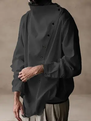 Stylish Slanted Button Placket Tops, Black / XXXL