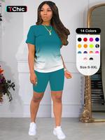 Two-piece Set Women's Ombre Print Skinny Shorts Two-piece Set, Crew Neck Short Sleeve T-shirt & Track Shorts, Back To School ...