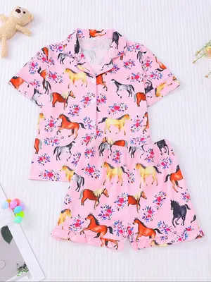 Girl's Horse & Floral Print Top & Shorts Pajama, Casual Comfy Cute Short Sleeve Top & Shorts Set, Kids Sleepwear for Summer