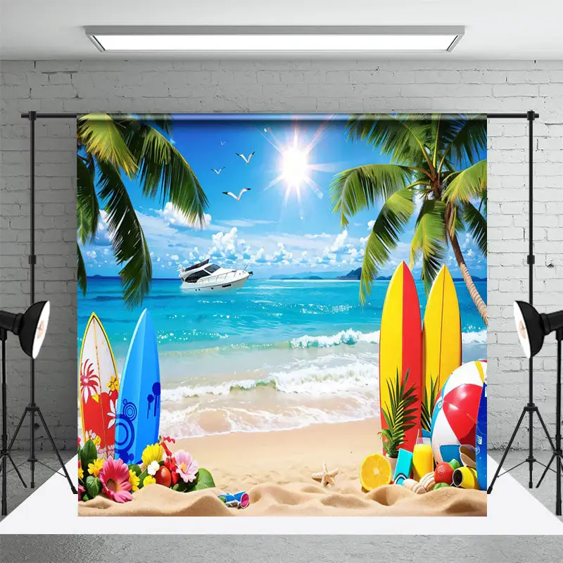 Surfboard Palm Trees Ship Sandy Floral Summer Backdrop - Aperturee