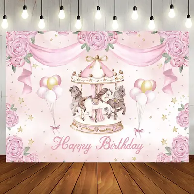 Sweet Carousel Floral Balloon Birthday Backdrop - Aperturee