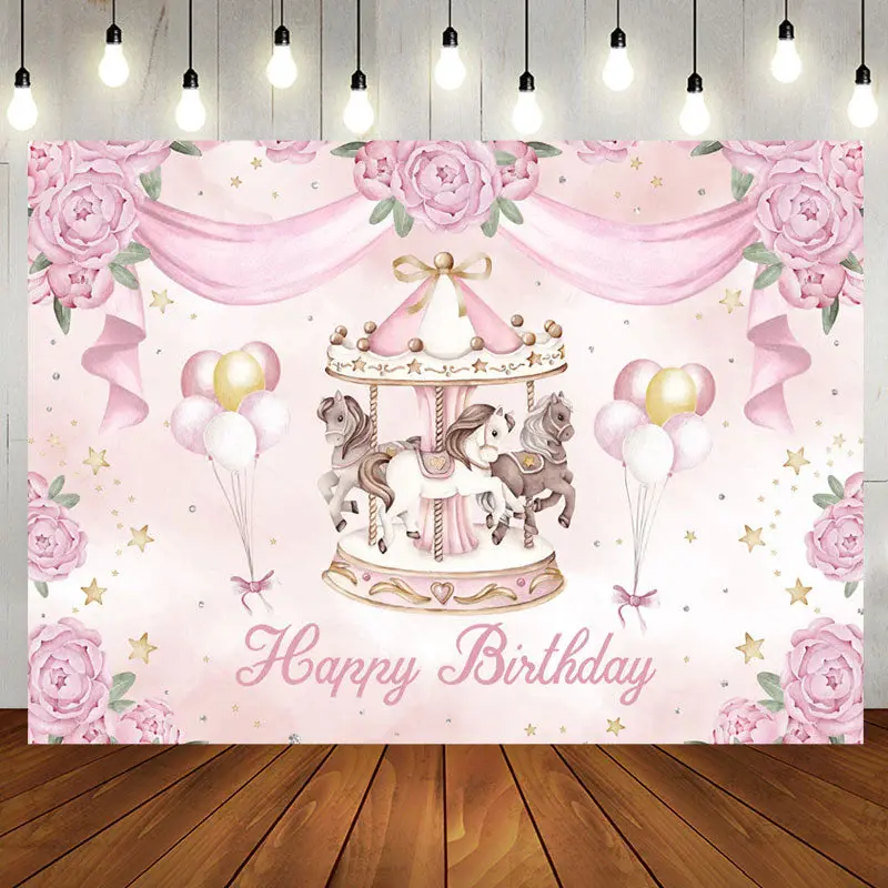 Sweet Carousel Floral Balloon Birthday Backdrop - Aperturee