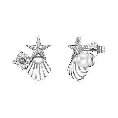 Star 925 Sterling Silver Micro Pave Cubic Zirconia with Shell Pearl Stud Earrings for Woman