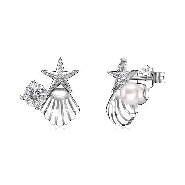 Star 925 Sterling Silver Micro Pave Cubic Zirconia with Shell Pearl Stud Earrings for Woman
